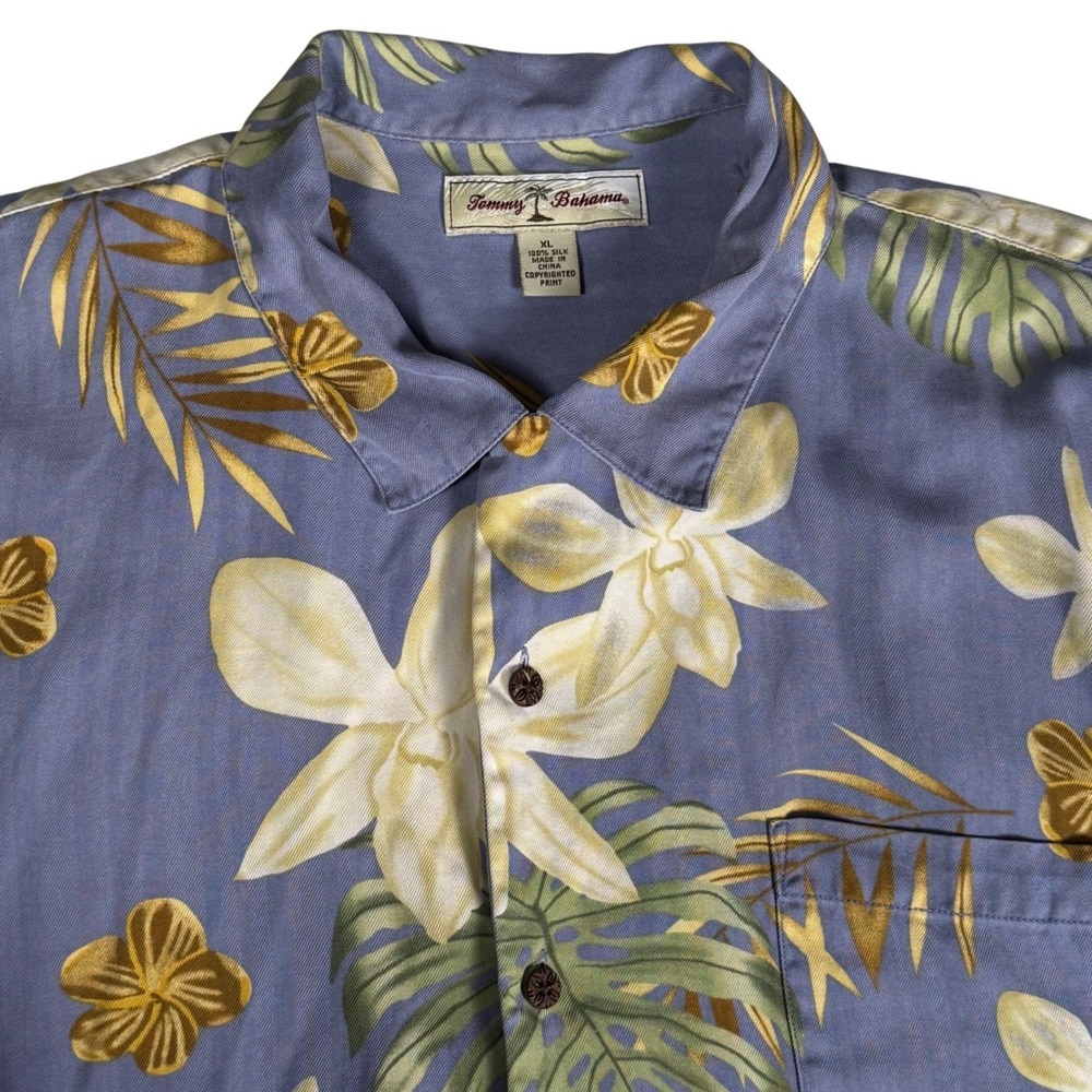 Tommy Bahama Silk Hawaiian Shirt Blue Floral Orchid Palm Camp Button Up Mens XL